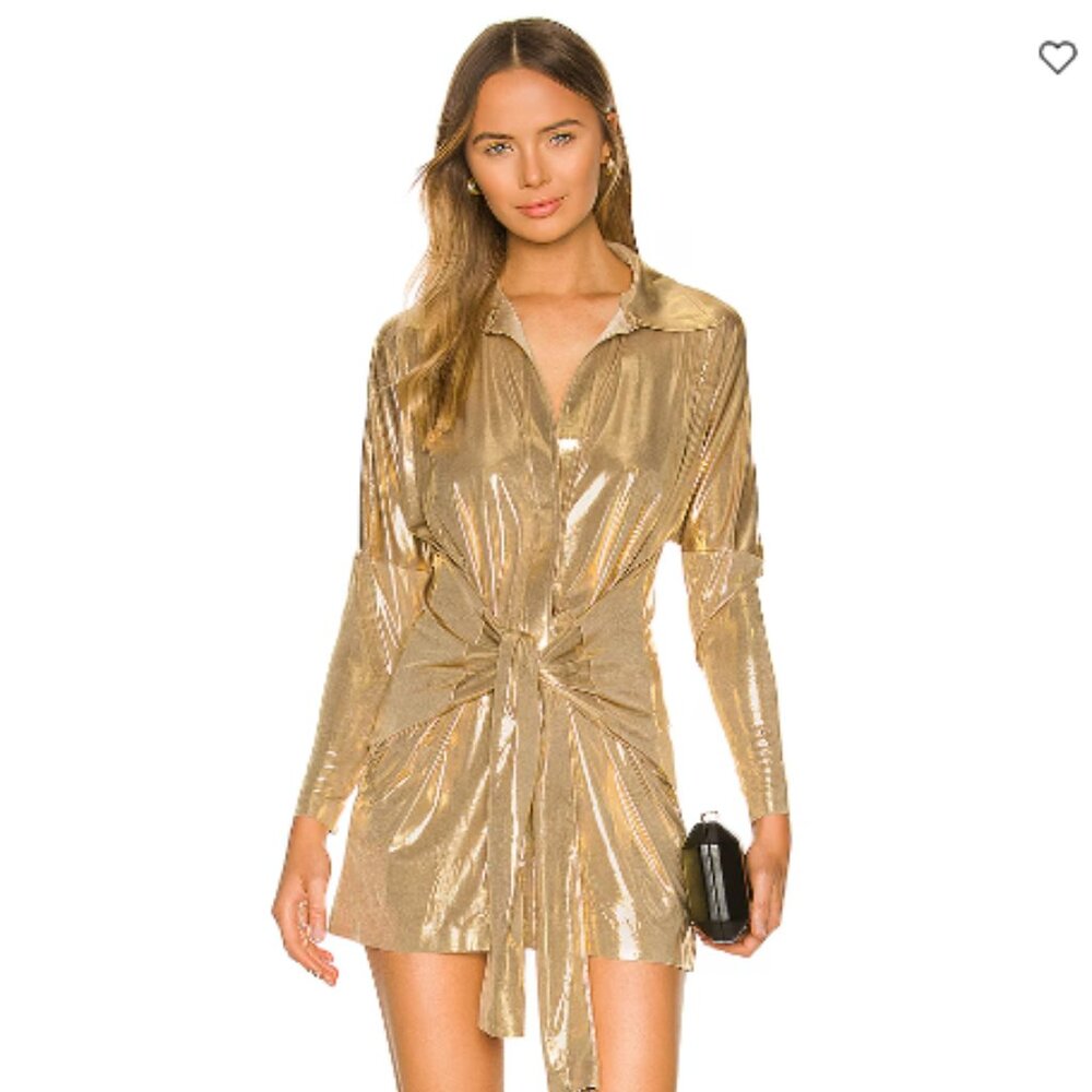 Norma Kamali Tie Front Shirt Mini Dress - Gold - Size XS
